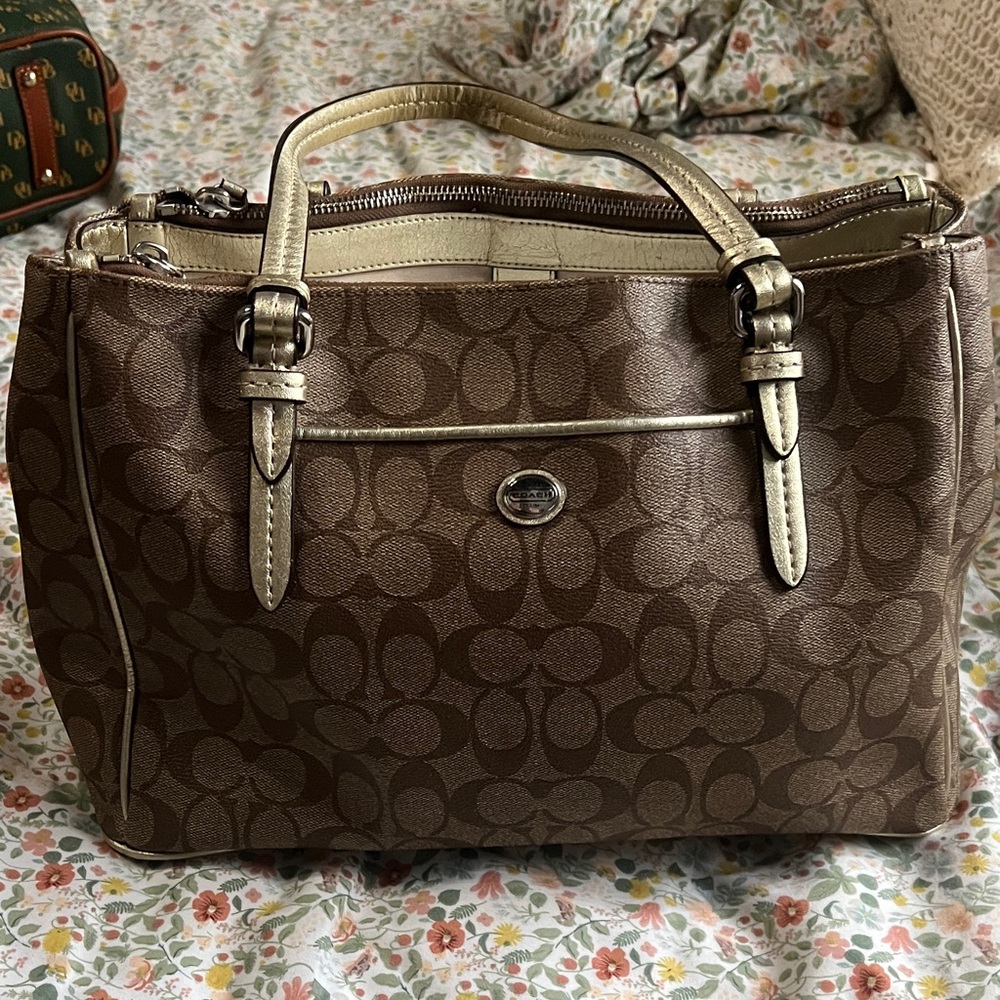 Coach Brown Signature Satchel with Cream Trim